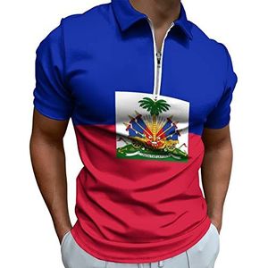 Vlag van Haïti Poloshirt voor heren, met ritssluiting, casual korte mouwen, golftop, klassieke pasvorm, tennisshirt