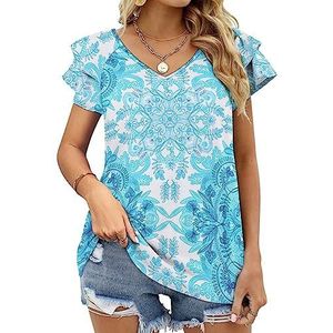 Boho blauwe bloemen dames casual tuniek tops ruches korte mouwen T-shirts V-hals blouse T-shirt