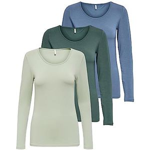 ONLY Onllive Love Life Basic damesshirt met lange mouwen, 1 x Desert Sage, 1 x Balsem Green, 1 x China Blue, XS