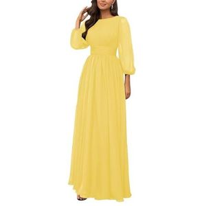KURFACE Bruidsmeisjesjurken met lange mouwen, geplooide ronde hals, chiffon, bruidsmeisje, formele avondjurk, Geel, 32