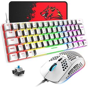 T60 Bekabeld Gamingtoetsenbord en Muis Set, Mini 60% Compact Mechanisch Toetsenbord 62 Toetsen, 19 Regenboog LED-licht, UK Layout + 6400 DPI PS4 Gaming Muis + Muismat voor PC, Mac - Blue Switch/Wit