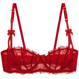 Dames kant mesh balconette beha Sheer Push Up Plus Size Sexy 1/2 cups beugel ongevoerde beha voor dagelijks gebruik, rood, 75C