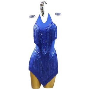 Yhwacyznm Dames Latin Dansjurken met Open Rug Salsa Wedstrijdkostuums met Pailletten en Kwastjes Professionele Cha Cha Tango Prestatiekleding Dansrok voor rumba,Blauw,L