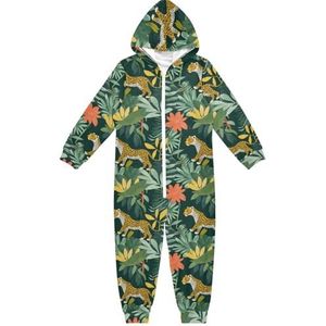 LI ZHI XIN Kinderpyjama uit één stuk met capuchon voor jongens en meisjes, jumpsuits voor kinderen, onesie, slaappak, alles-in-één pyjama, winter, warme huisjumpsuit, 5-14 jaar, dierenluipaardpatroon