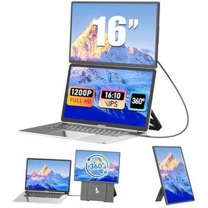 Draagbare monitor, 16 inch FHD 1200P laptopschermverlenger, naar boven en beneden verstelbaar, 360 graden draaibaar, afneembare standaard, reismonitor voor laptop, draagbaar scherm voor Windows/pc/Mac