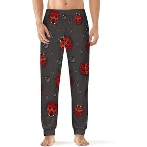 Rode lieveheersbeestjes op donkere heren pyjama broek met zakken nachtkleding print zachte lounge maat 2XL
