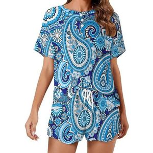 Paisley Blauw Print Patroon Zachte Womens Pyjama Korte Mouw Pyjama Loungewear met Zakken Gift voor Thuis Strand 3XL