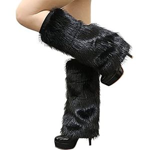 Altsuceser Pluche Fuzzy Faux Fur Beenwarmers voor Vrouwen, Lange Laarzen Schoenen Manchet Cover Knielengte Hipster Warme Sok Zwart 40cm