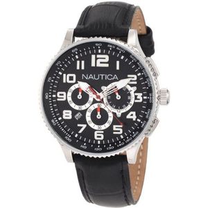 Nautica Men's Quartz Stainless Steel and Leather Casual Watch, Color:Black (Model: N22596M)