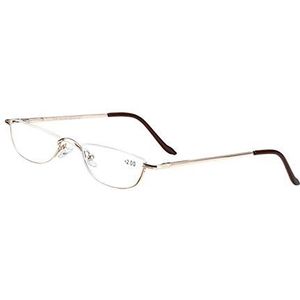 huateng Leesbril met veerscharnieren, voor heren en dames, dun, half montuur, metaal, halfronde bril, goud, +2.00 Vergrößerung