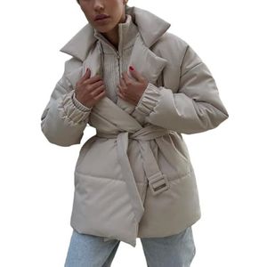 Dames Pufferjack Met Riem, Revers, Open Voorkant, Gewatteerde Donsjas Met Zakken, Winterwarm(White,S)