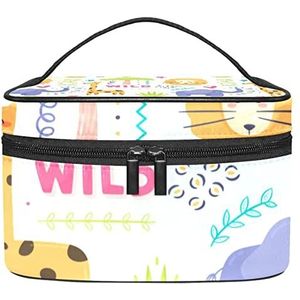 Geel & Groen Bladeren Patroon Make-up Tas voor Vrouwen Meisjes Cosmetische Tassen met Handvat Reizen Make-up Organizer Tas, Wilde Dieren Patroon, 8.9x5.9x5.4 Inches, Make-up zakje
