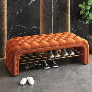 JAVYPPT Luxe knop getufte ingangsbank, fluweel gestoffeerde schoenenrek schoenenrek bank schoenenopbergorganizer, moderne comfortabele zitting aan het einde van de bedbank (oranje, 100x40x45cm