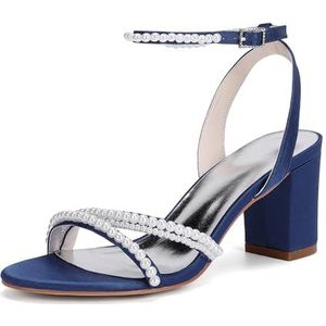 KYEGLO Dames Satijnen Parel Ronde Neus Dikke Hakken, Open Teen Sandalen Met Middelhoge Hakken En Enkelbandje - Feestelijke Trouwjurk Pumps Schoenen,Dark blue,36
