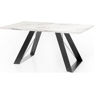 WFL GROUP Eettafel Colter zwart in moderne stijl, rechthoekige tafel, uittrekbaar van 140 cm tot 240 cm, gepoedercoate witte metalen poten, 140 x 80 cm, wit marmer