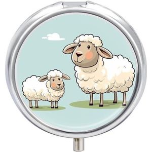 Schapen en lam cartoon pillendoosje 3 compartimenten reisgeneeskunde pillenorganisator 3x per dag draagbare vitamine-organizer met spiegel kleine pillendoos voor portemonnee en zak, schattige