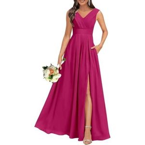 Chiffon bruidsmeisjesjurken voor dames, voor bruiloft, met split, cocktailjurk, avondjurk, baljurk, grote maten, Fuchsia, 32