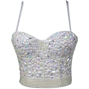 Dames edelsteen bustier beha glanzend strass korset crop top sparkle clubwear party push up vest, 2, 85C