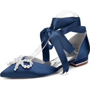 KYEGLO Gesloten Teen Satijnen Platte Schoenen Voor Dames, Strass Steentjes Slip-On Sandalen, Puntige Teen Bruidsschoenen Met Parelstrik Voor Dagelijks Gebruik, Feestjes En Bruiloften,Dark blue,36