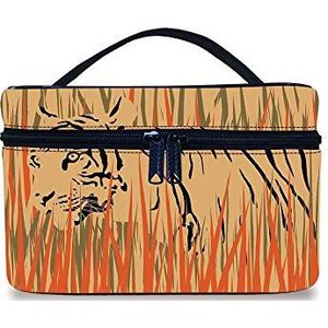 Make-up Tas Reizen Cosmetische Zak,Tijger in de struiken Camouflage Carnavor Predator Feline Afrika Animal Art Draagbare Organizer Professionele Cosmetische Trein Case, voor Vrouwen MeisjesPeach Oranje