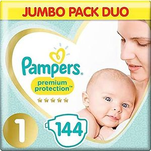 Pampers Babyluiers maat 1 (2-5 kg/1,8-5 kg) Premium Protection (New Baby), 144 Count, Jumbo Pack Duo, Baby Essentials voor pasgeborenen