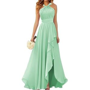 Halter Prinses Bruidsmeisjes Jurken Geplooide Galajurken Ruche Chiffon Split Formele Avond Party Gown ZM212, mintgroen, 32
