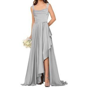 HPPEE Satijnen bruidsmeisjesjurken voor dames met split ruches vloerlengte korset mouwloze formele feestjurk, Zilver, 38