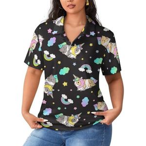 Cavia eenhoorns regenbogen dames poloshirts met korte mouwen casual T-shirts met kraag golfshirts sport blouses tops 2XL