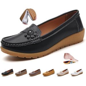 Vrouwen Orthopedische Lederen Loafers, Dames Mocassins Rijden Mocs Comfort Slip-On Mode Boot Schoenen Wedge Hakken Verpleging Schoenen, Zwart, 33 EU