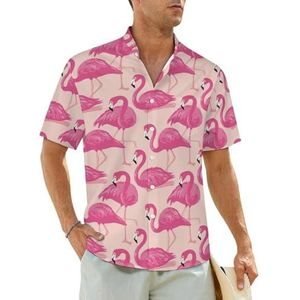 Roze flamingo's herenhemden korte mouwen strandshirt Hawaiiaans shirt casual zomer T-shirt L