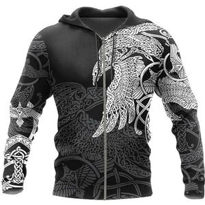 Middeleeuwse Viking Raven Pullover Hoodie, Mannen Retro Punk Street 3D Digitale Print Nordic Sports Zip Jas, Keltische Heidense Baggy Plus Size Sweatshirt(B Zip Hoodie,M)