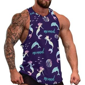 Holografische zeemeermin met dolfijn tanktop voor heren, grafische mouwloze bodybuilding-T-shirts, casual strand-T-shirt, grappig sportschool-spierweefsel