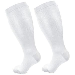 2 paar plus size compressiesokken voor dames en heren, 20-30 mmhg extra brede kuitkniekousen voor circulatieondersteuning, Wit, XXL-7XL Plus