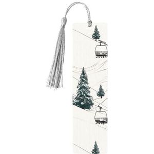 Skilift met dennenboom, houten bladwijzers met grijze kwastjes, handgemaakte dubbelzijdige bedrukte boekmarkeringen, paginamarkeringen, boekaccessoires, cadeau voor boekenliefhebbers, vrouwen en