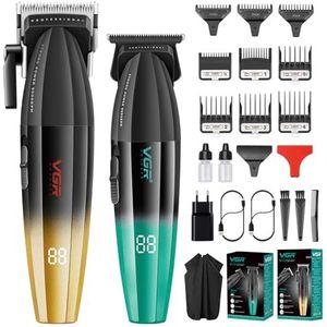 VGR Professionele Tondeuse en Trimmer Set voor Mannen, Kapperstondeuse en Zero Gap T Blade Trimmer Kit, Draadloze USB Oplaadbare Haarsnijset met 9 Opzetkammen, Keramisch Mes, LED-Display