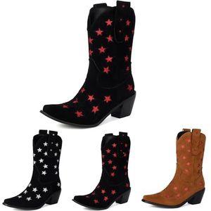 Suède Enkellaarsjes 2025 Dames Western Cowboylaarzen Met Borduurwerk Retro Ankle Boots Met Blokhak Casual Brede Buis Instapschoenen For Lente/Herfst/Winter(Red,43 EU)