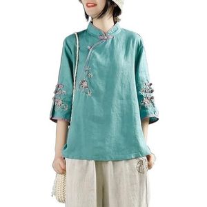Chinese Stijl Retro Katoenen Linnen Top Dames Plus Size Loose Fit Shirt Prachtig Borduurwerk Traditionele Hanfu Blouse (Color : Green, Size : 3XL)