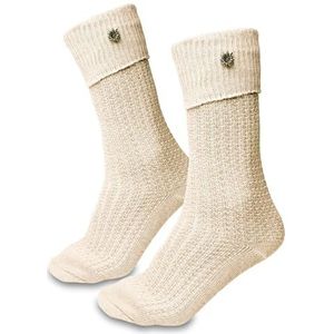 Steigenhöfer Manufaktur Klederdrachtsokken voor heren en dames, lang, klassieke kniekousen in vlechtpatroon, Oktoberfest, kousen van katoen voor mannen en vrouwen, Beige met edelweiss-badge, 43-44 EU