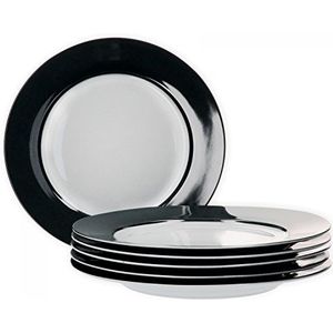 van Well Vario platte bordenset, 6-delig, tafelservies voor 6 personen, platte eetborden met Ø 26,5 cm, porseleinen servies wit met zwarte rand, bordenset magnetronbestendig