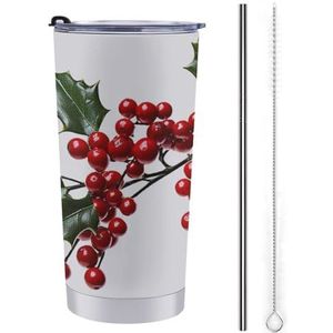 AQRJLPM Holly Berry Takken Auto Cup Roestvrij Staal 597 ml Tumbler met rietje en Deksels Lekvrij Geïsoleerde Roestvrij Staal Reizen Koffie Mok Pobtable voor Koude Warme Dranken Camping