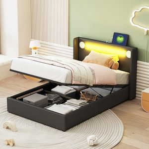boorbin Gestoffeerd bed kinderbed 90 x 200 cm bed met LED-lichtstrip, bluetooth-speler en USB-opladen, PU lederen opbergbed, hoogslaper, tienerbed met lattenbodem (zwart)