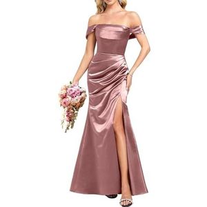 YIANN Satijnen baljurken met split voor dames, mouwloos, lang, formele avondjurk, Stoffige Roos, 32