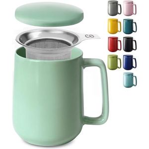 Cosumy Theekop met thee-ei en deksel 500ml groot - Keramisch - Blijft lang warm - Poederroze (Mintgroen)