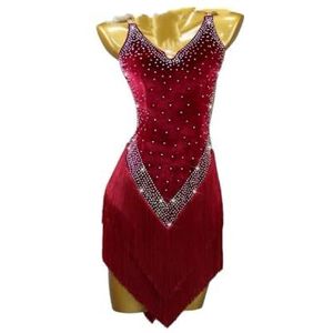 MLYYX Fluwelen baljurken professionele dans competitie outfit cha-cha-tango pompony latijnse salsa training kostuum, rood, XL