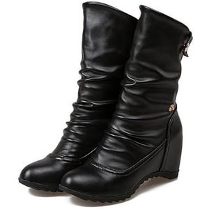 Winterschoenen Dames Enkellaarsjes Vintage Sleehak Enkellaarsjes PU Lederen Korte Laarzen Warme Pluche Gevoerde Snowboots Comfortabele Klassieke Instapperlaarzen for Buiten, Feest (Color : Black, Si