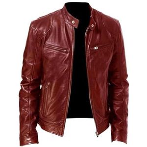Men's Slim Leather Motorcycle Jacket - Short Coat With Collar PU Jackets Winter Leather Coat(Red_3X-Large)
