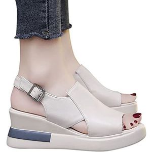 QWLEYCHN Riem Dames Zomer Open Teen Dames Sandalen Vismond Schoenen Lederen Gesp Holle Wedges Damessandalen Sandalen for Dames Chic Zomer Open Teen (Color : Beige, Size : 7)