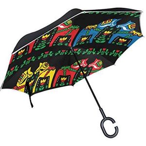 RXYY Winddicht Dubbellaags Vouwen Omgekeerde Paraplu Etnische Zweedse Dala Paard Zwart Art Waterdichte Reverse Paraplu voor Regenbescherming Auto Reizen Outdoor Mannen Vrouwen