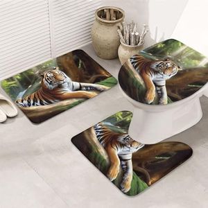 VTCTOASY Tijger Onder Boom Print Badkamer Tapijten Sets 3 Stuk Absorberend Toilet Deksel Cover Antislip U-vormige Contour Mat voor Toilet Badkamer