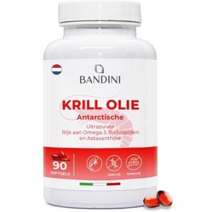 Bandini® Krill Olie Omega 3 Capsules 3000mg | Zuivere Antarctische Krillolie, 465mg EPA & DHA, 1200mg mariene fosfolipiden + Astaxanthine | Hart en bloeddruk | Alternatief voor visolie | 90 softgels